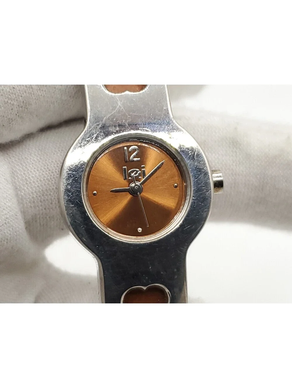 Lei Heart Band Quartz Womens Watch New Battery Silver Tone/Brown 20mm